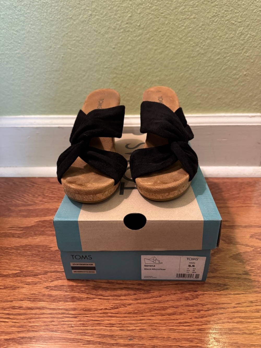 Toms Serena Black Microfiber Knot-Front Cork Platform Mules